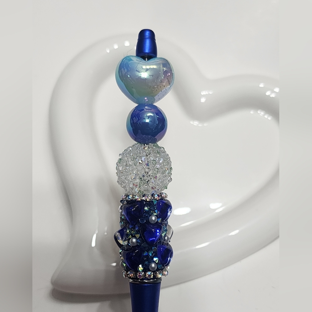 Valentines Day Beaded Pen Blue Hearts Rhinestone Gift Black Ink